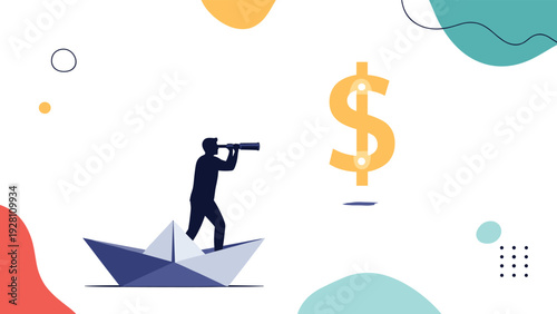 Businessman in a paper boat uses a telescope to find financial wealth and investment opportunities in the market.
