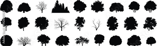 Tree silhouettes collection, diverse foliage vector, botanical illustration design, seasonal variation art, forest landscape elements, nature growth shapes, woodland diversity