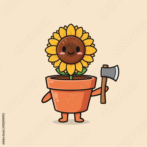Cute Sunflower Plant in Pot Holding Axe, Funny Cartoon Character