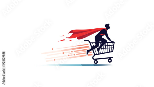 Superhero wearing a red cape rides in a fast-moving shopping cart symbolizing speedy delivery and e-commerce power.