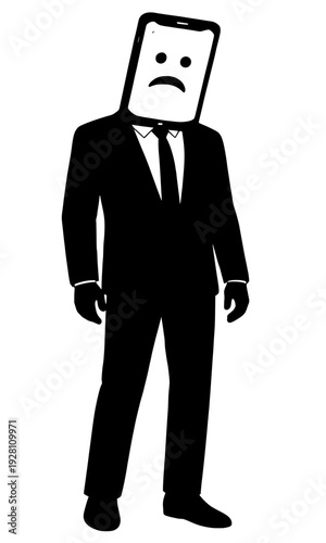 Business Person With Smartphone Head Displaying Sad Face, Digital Identity Loss Screen Addiction Concept, Dehumanization Black Vector Silhouette
