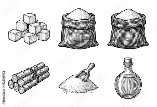 Vintage woodcut illustration of sugarcane products including refined sugar cubes sacks granules and liquid syrup in a glass bottle