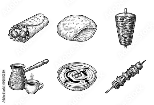 Middle Eastern food collection featuring hand drawn vintage engraving style illustrations of falafel wrap pita bread shawarma turkish coffee hummus and kebab