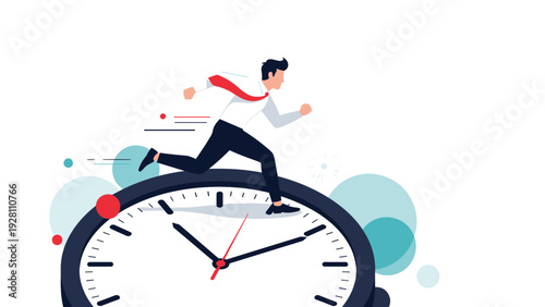 Active businessman running on top of a giant analog clock to meet urgent deadlines and manage time effectively today.