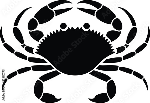 A simple black silhouette of a crab on a white background.