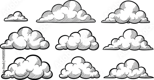 Collection of fluffy cumulus clouds in hand drawn engraving style isolated on transparent background vector