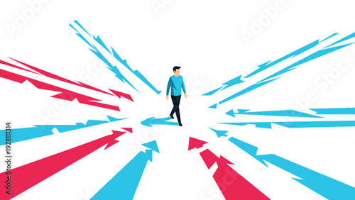 Businessman standing at a crossroads of multiple red and blue arrows representing career choices and decisions.