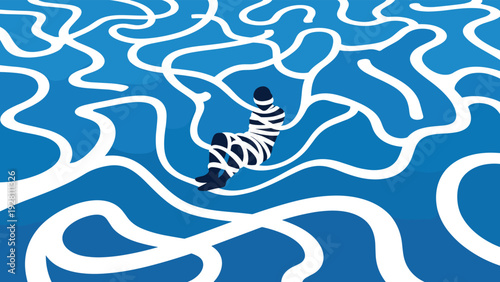 Confused person wrapped in white tape sitting in the middle of a complex maze of lines representing frustration.