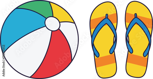 Summer beach icon illustration featuring colorful inflatable beach ball and flip flop sandals in playful cartoon vector style for vacation design
