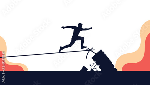 Dangerous silhouette jumping off a tightrope as it breaks over a pile of rubble representing crisis management.