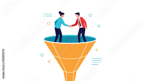 Business partners shaking hands inside a large orange sales funnel representing lead conversion and deal closing.