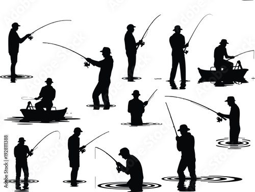 Fishing silhouettes collection, fisherman in boat, angler casting rod, fishing activity vector, outdoor sport illustration, water ripple design