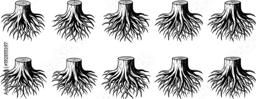 Vintage style tree stump with roots illustration set isolated on transparent background for nature concept
