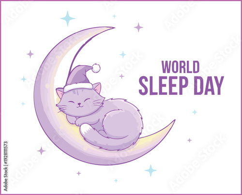 Cute sleeping cat wearing a nightcap resting on a crescent moon illustration for world sleep day celebration