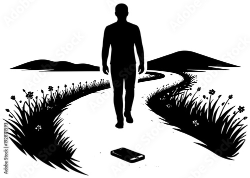 Person Walking Away From Abandoned Smartphone On Nature Path, Digital Detox Journey Concept, Leaving Technology Behind Black Vector Silhouette

