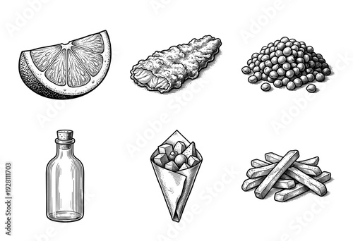 Vintage woodcut style collection of fish and chips ingredients featuring fried seafood, potatoes, lemon, vinegar bottle, and peas.