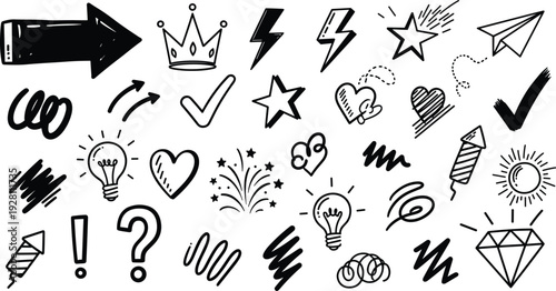 Hand drawn doodle elements collection with arrows hearts stars and decorative black ink sketchy characters