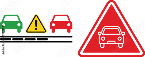 Traffic warning car sign icons set with road caution symbol and vehicle alert