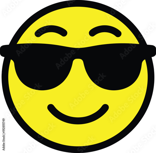 A bright yellow smiley face wearing black sunglasses and a cheerful grin.