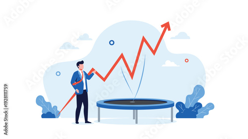 Successful businessman standing next to a trampoline with a jagged red growth line representing market rebound.