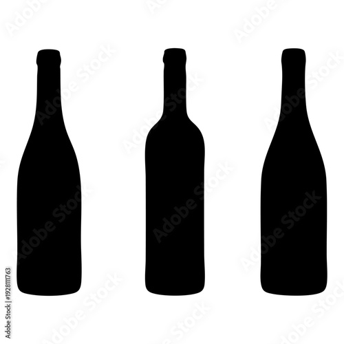 Three black wine bottle silhouettes isolated on white background for commercial design