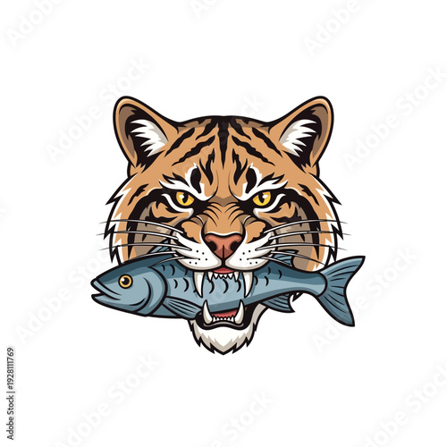 Fierce Tiger Head Biting a Fish, Predatory Animal Hunting for Food, Wild Nature
