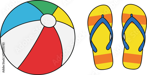 Summer beach icons with inflatable ball and flip flops sandals colorful vacation flat vector illustration isolated on white