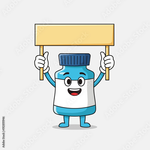 Happy cartoon pill bottle character holding blank sign board