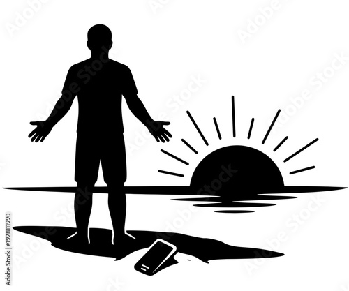 Person Standing At Sunrise With Abandoned Phone At Shore, Present Moment Awareness Unmediated Experience Concept, Black Vector Silhouette
