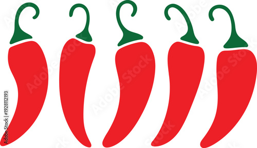 A row of five red chili peppers with green stems on a white background.