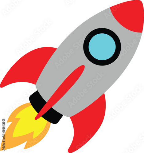 A cartoon rocket ship in flight with red fins and a gray body