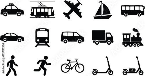 Transportation and Travel Icon Set Featuring Taxi, Tram, Airplane, Sailboat, Train, Bicycle, Scooter and Pedestrian Mobility Silhouettes Collection