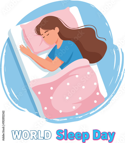 Young girl sleeping peacefully in bed illustration for world sleep day concept