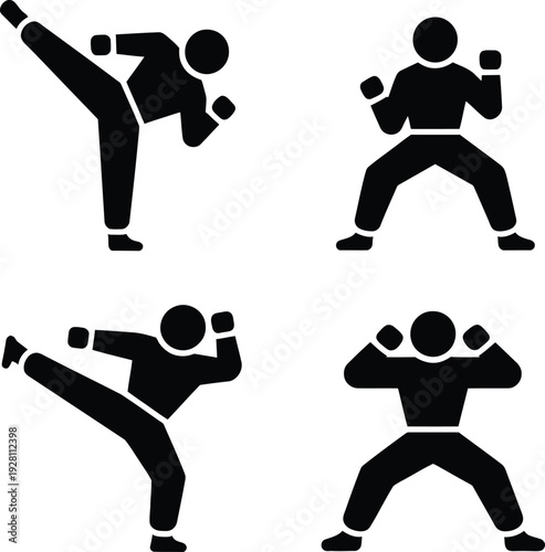 A set of four black silhouettes demonstrating various martial arts techniques against a white background