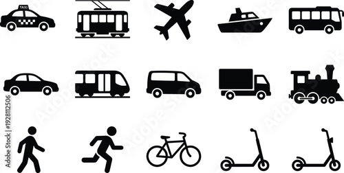 Transportation and Mobility Icon Set Featuring Taxi, Tram, Airplane, Ship, Bus, Bicycle, Scooter and Pedestrian Silhouettes for Travel Design