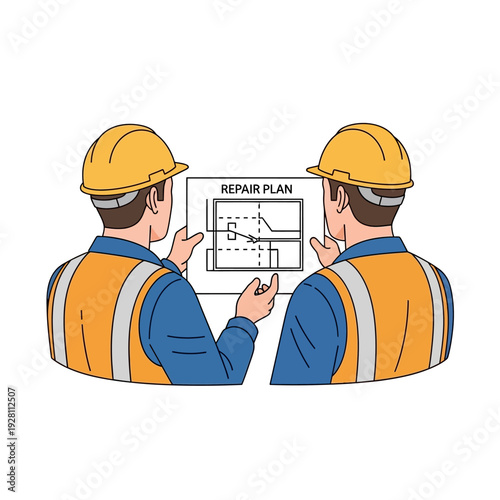 Construction Professionals Reviewing Repair Plan Blueprint - Team Collaboration for Building Maintenance, Renovation & Project Planning Illustration