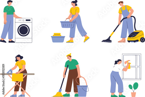 House Cleaning Services Vector Illustration Set Featuring People Washing Laundry Vacuuming Ironing and Performing Home Maintenance Activities