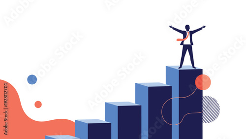 Triumphant businessman stands with arms wide open on the highest bar of a rising blue chart celebrating growth and productivity.