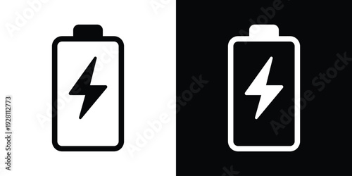 Vertical battery icon with a lightning bolt symbol. Modern flat vector graphic representing charging status, energy refill, and electrical power supply for digital devices.