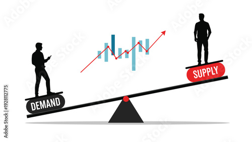 Two figures balance on a see-saw labeled demand and supply while a financial line graph rises in the background showing balance.