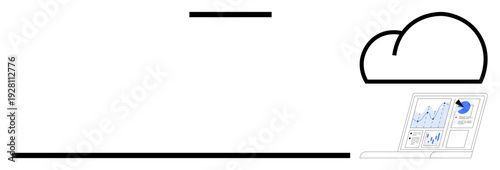 Cloud technology, data analysis, business trends, information systems, remote work, digital strategy. A cloud symbol with a laptop displaying analytical graphs. Cloud technology and data analysis are