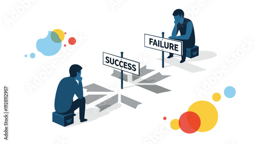 Two individuals sit on crates facing away from each other next to signposts for success and failure reflecting on the outcome.