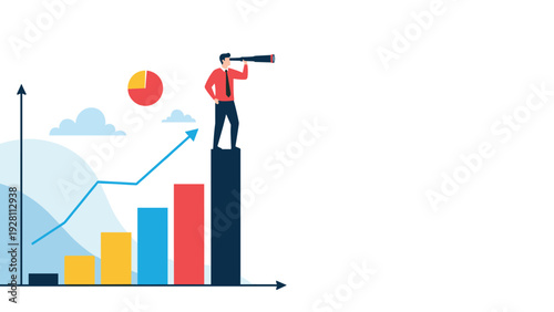 Business analyst with a telescope stands on the highest bar of a colored chart monitoring market trends and performance.