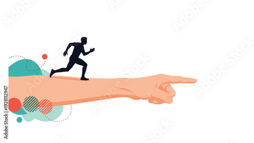 Dynamic silhouette of a man running on a giant horizontal pointing finger representing following directions set by authority.