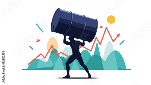 Strong individual silhouetted while lifting a giant oil barrel over his head with a fluctuating line graph in the background.