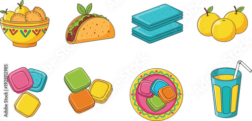 Colorful snack food icons set with cookies taco crackers citrus fruits sweets and juice flat vector illustration isolated on white background design