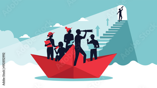 Explorers in a paper boat look through a telescope at a successful person standing high on a flight of stairs in the distance.