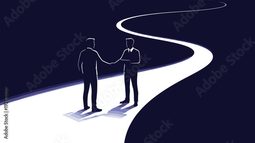 Two business professionals shaking hands on a winding white path through the darkness representing a new partnership deal.