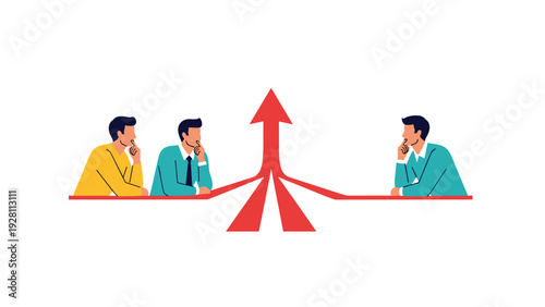 Three businessmen thinking at a table as their ideas merge into a single red arrow pointing upwards toward major growth.