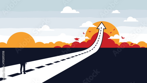 Silhouette of a person walking on a path that turns into a giant upward arrow pointing toward the bright sun in the sky.